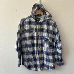 Rhinoceros Flannel Shirt Womens Large Blue Plaid Hooded Button Front Top